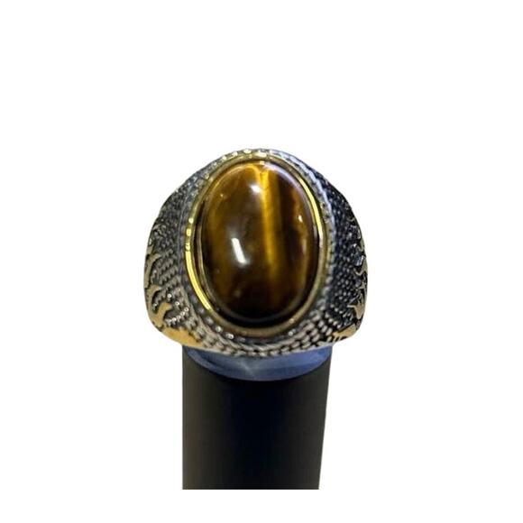 Men's Stainless Steel Ring with Natural Tiger Eye Stone, NWOT, Size 10 - Picture 2 of 4